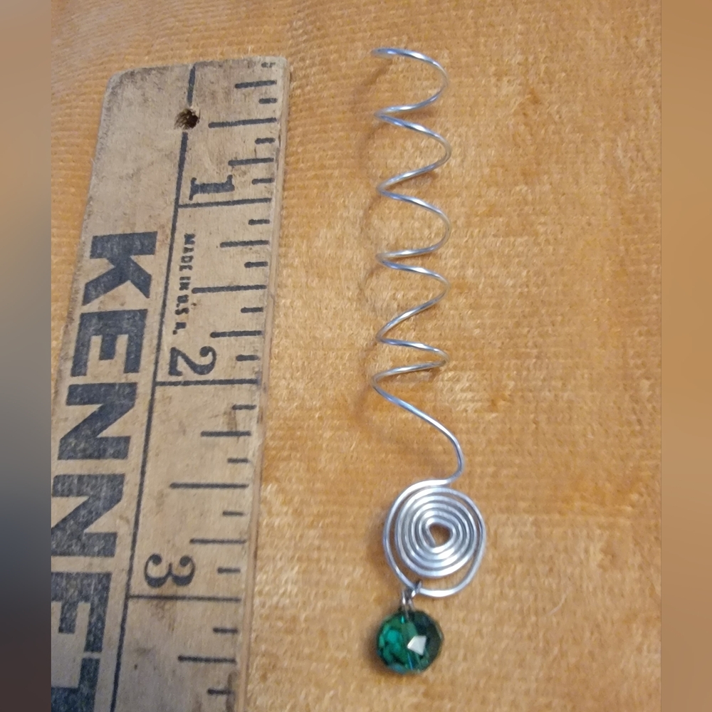 Handcrafted Silver Spiral Hair Wrap with Emerald Green Crystal